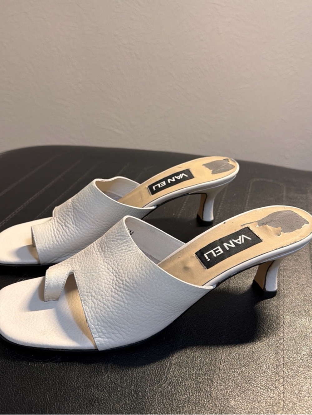 Van Eli Beige Leather Toe-Split Kitten Heel Mules